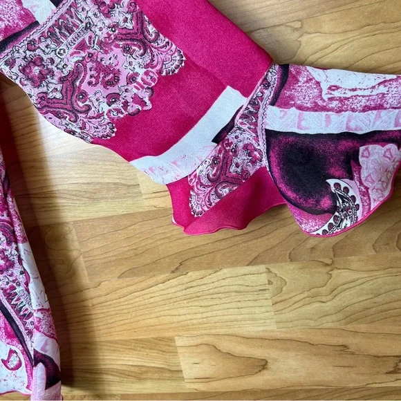 Blue Diamond XL Sheer Surplice Peplum Style Top with Bell Sleeves Pink &… - Picture 3 of 9